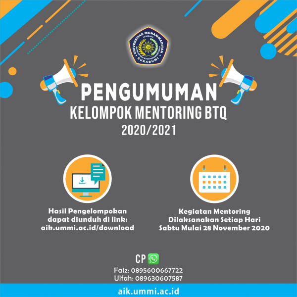 Pengumuman Kelompok Mentoring BTQ Tahun Akademik 2020/2021