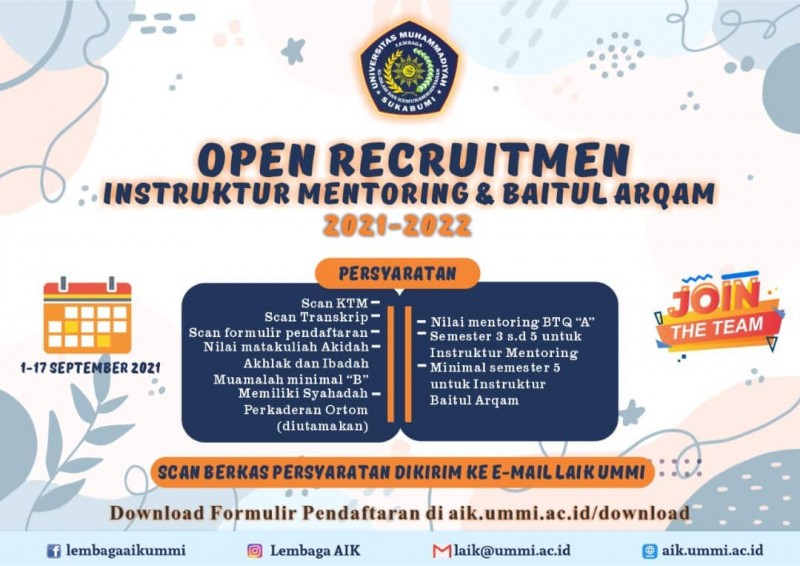 Open Recruitmen Instruktur Mentoring dan Baitul Arqam 2021/2022