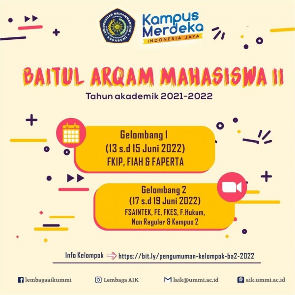 Pengumuman pelaksanaan kegiatan Baitul Arqam Mahasiswa Semester 2 Tahun Akademik 2021/2022